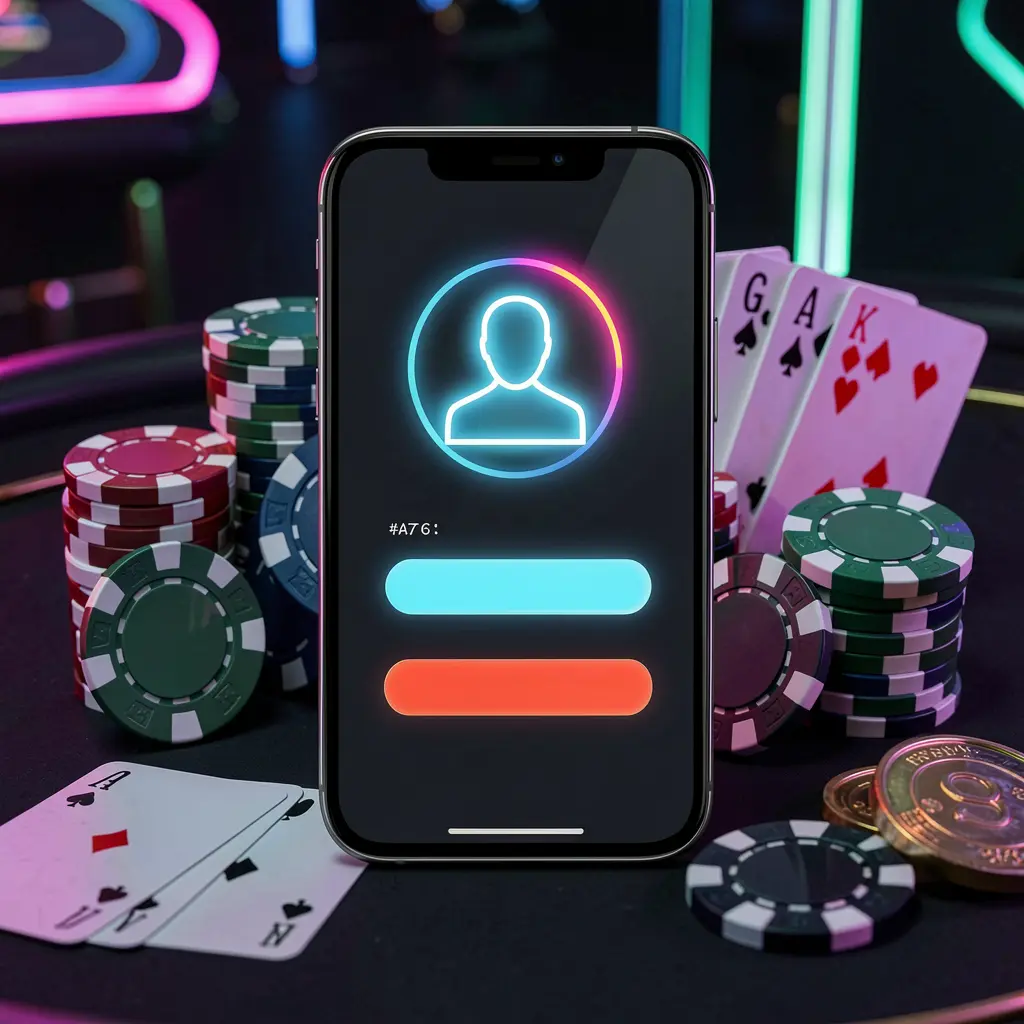 HT666 casino app login scene on smartphone with glowing user profile icon, poker chips, cards, and coins on elegant dark background with neon highlights