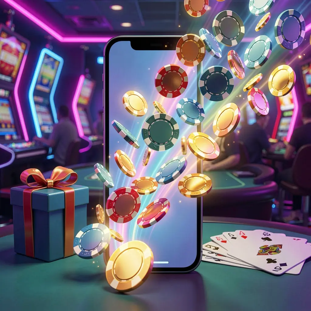 HT666 mobile casino bonus scene with modern smartphone displaying glowing casino chips and coins emerging from the screen, surrounded by a gift box and playing cards in a bright neon casino atmosphere