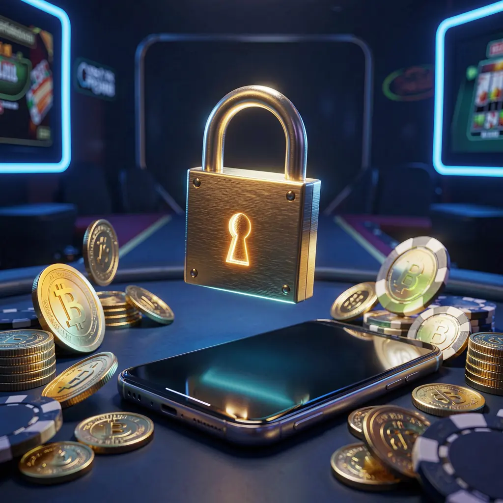 HT666 casino login security image showing a glowing padlock floating above a smartphone with golden coins and chips scattered around against a dark blue neon background