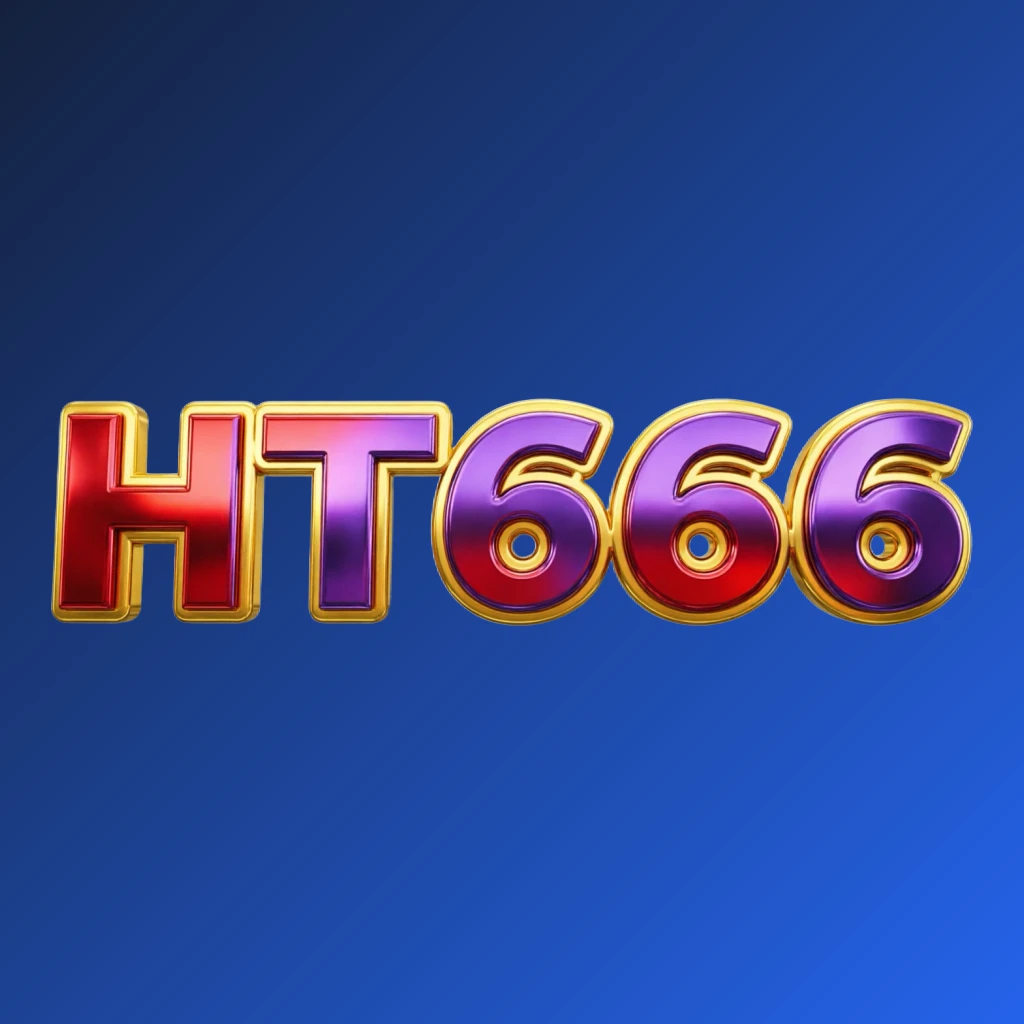 Bright premium HT666 logo with thick uppercase typography in vivid gold, red, and purple colors, polished metallic finish, strong visual impact on a transparent background, designed as a wide horizontal rectangular wordmark for website header