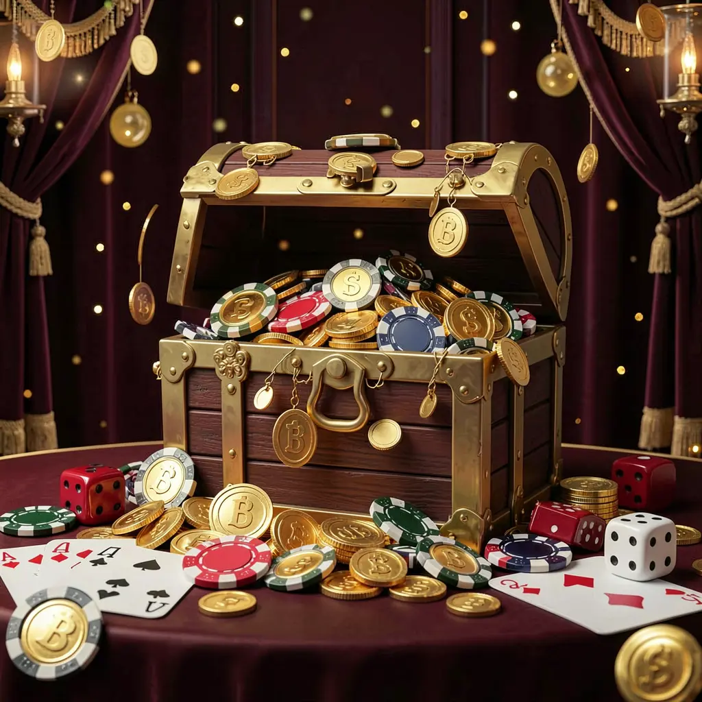 HT666 online casino welcome banner featuring a treasure chest filled with golden coins and casino chips, playing cards and dice nearby, set against a dark luxury background with a festive premium atmosphere